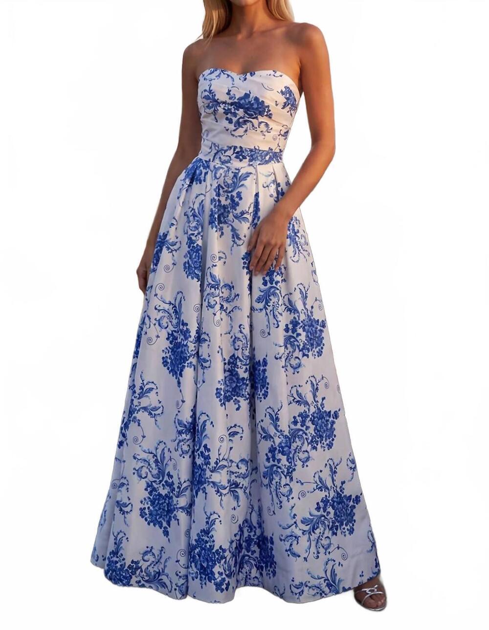 NEW KOS long floral print corset prom gown in blue